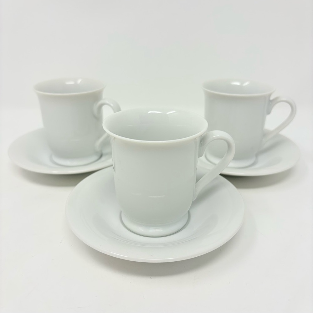 Pottery Barn White 3oz Espresso Coffee Mug Cups and Saucers Set of 3 Japan Made